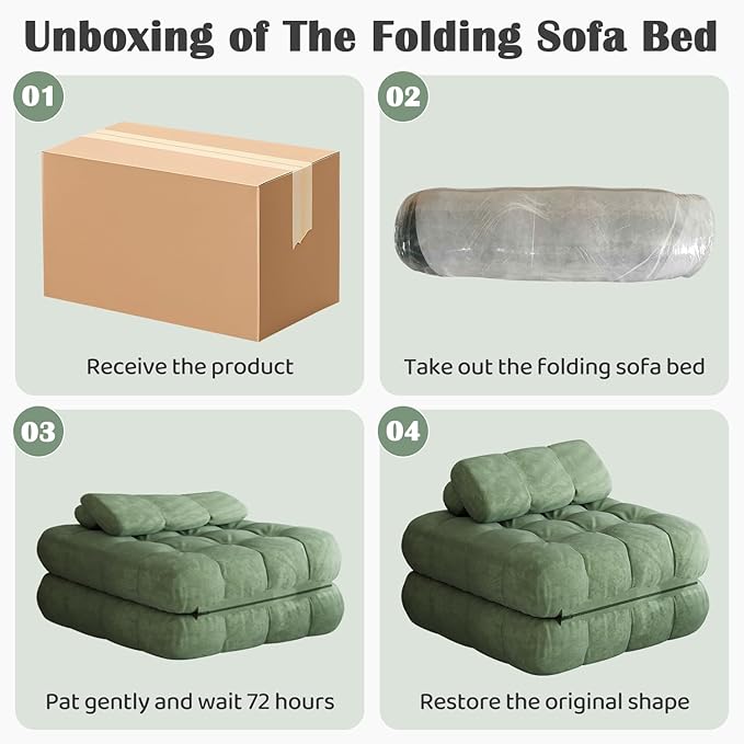 3-in-1 Folding Futon Sofa Bed 35.4 Convertible Sleeper Chair Bed with PillowBoneless Couch Lounge Portable Fold Out Comfy Velvet Floor Mattress for Living Room Bedroom - Single Green