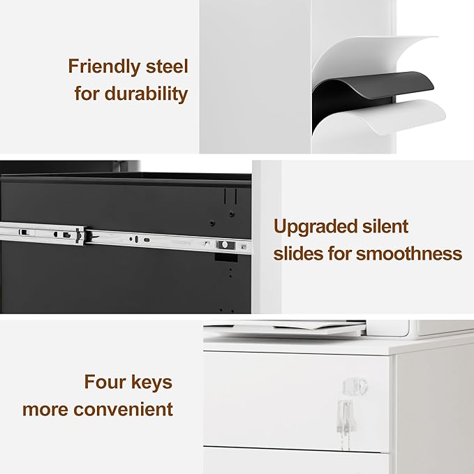 Mobile File Cabinet with 3 Locks 3 Drawer File Cabinets for Home Office Under Desk Metal Filing Cabinet for A4/Letter/Legal Lockable Fully Assembled Except castors White