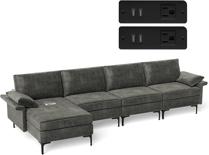 Giantex 130.5 L Convertible Sofa Couch Sectional Sleeper with 2 USB Ports Socket Comfy Cushion 2 Storage Box L-Shaped Modular Modern Sofa Reversible Chaise Lounge Living Room Furniture Grey