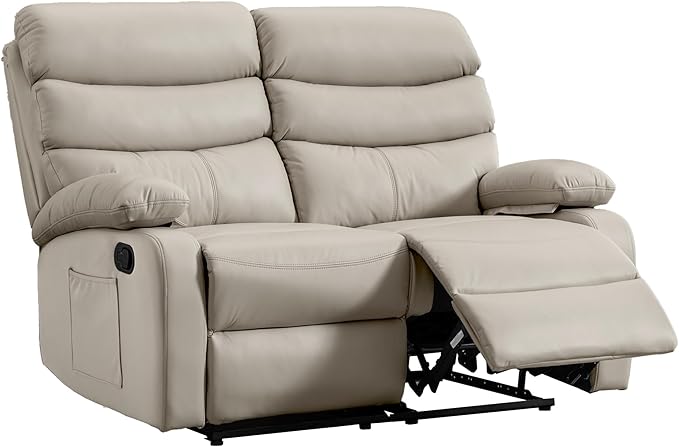 Reclining Loveseat Anti-Scratch Leather Double Recliner Sofa with Side Pocket Wall Hugger Loveseat Recliner for Living Room RV Home Theater(Beige)