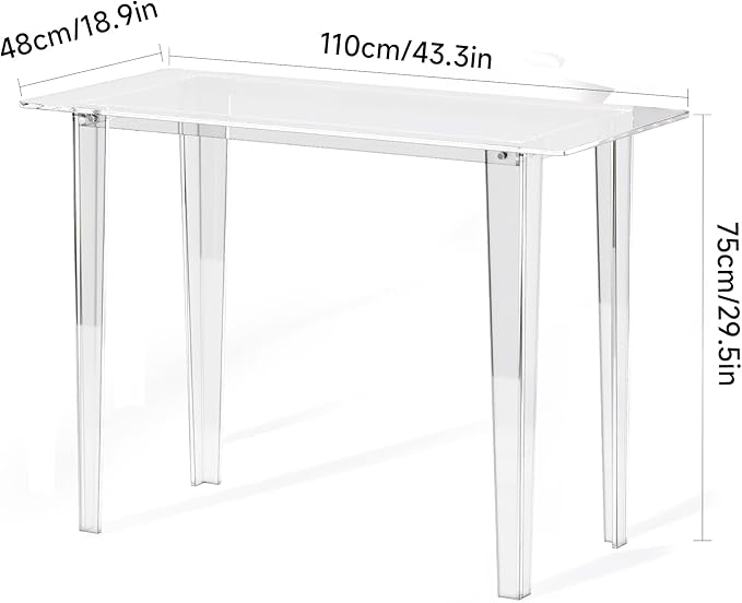 Modern Clear Acrylic Desk for Home Office - Multi-Purpose Study Table with Extended Surface Sturdy Lightweight Design Transparent Console &amp Entryway Table (42.5 Inch)