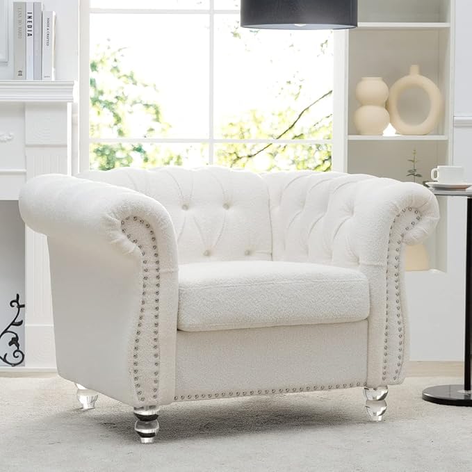 Modern Chesterfield Armchair Fabric Rolled Arm Tufted Back Accent Chairs Upholstery Nailhead Trim for Living Room Office (White)