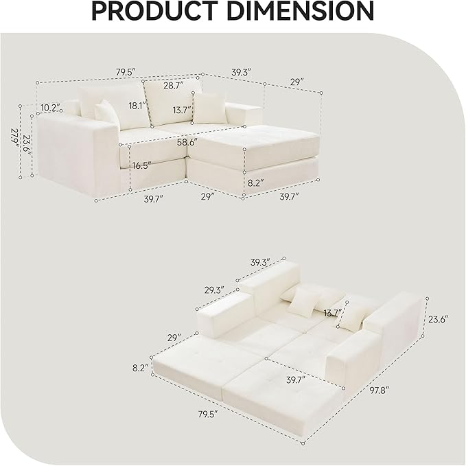 Boneless Sectional Loveseat Couch with Ottoman Convertible Tufted Button Modular Floor Sleeper Sofa Bed Comfy Foldable Compression Love Seat Sofa for Living Room No Assembly Beige