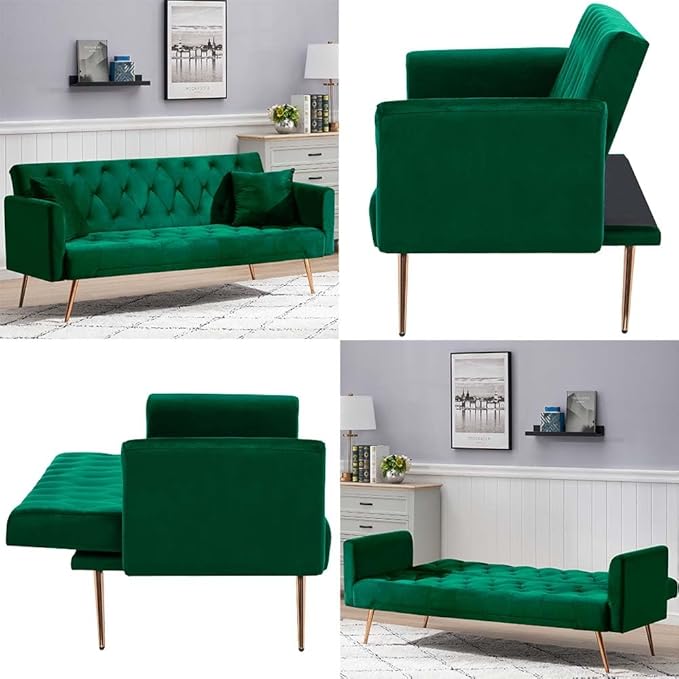 71 Convertible Folding Sleeper Sofa CouchModern Velvet Loveseat Sleeper with 2 Pillows Futon Sofa Bed with Mattress and Frame for Living RoomBedroomSmall Space (Green)