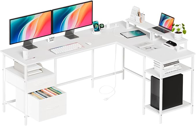 DUMOS 62 Inch L Shaped Gaming Desk with Charging Station &amp 2 Monitor Stands Computer Desk with Drawer &amp Adjustable Storage Shelves Large Corner Desk for Home Office White