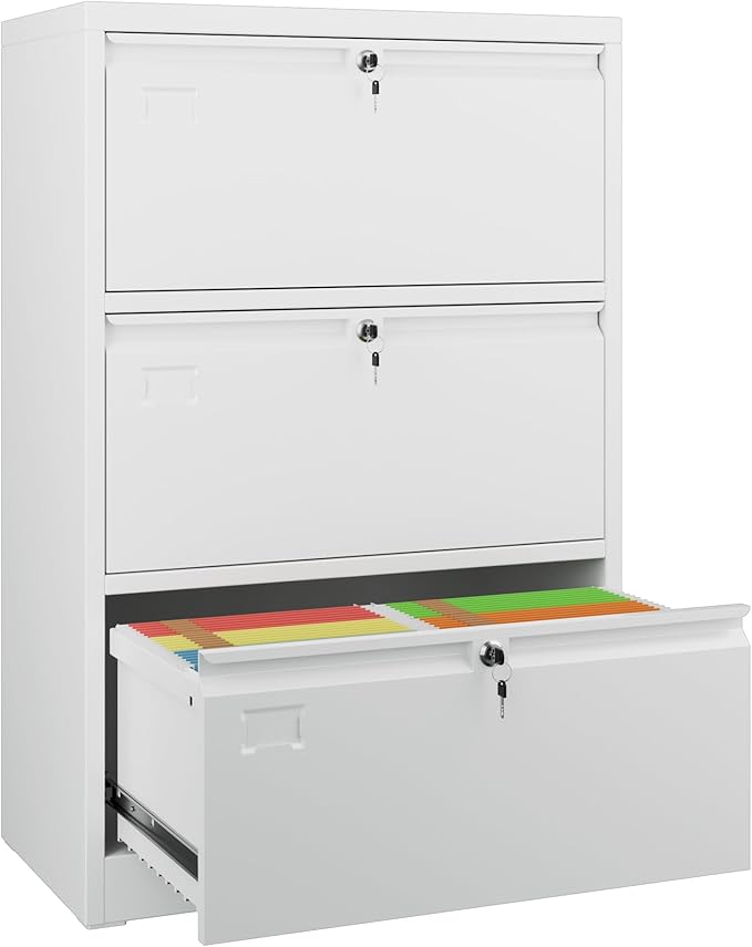 SUXXAN 3 Drawer File Cabinet Lateral Filing Cabinet with 3 Locks for Home Office Black File Cabinets with Business Card Holder for Letter/Legal/F4/A4 Hanging Files