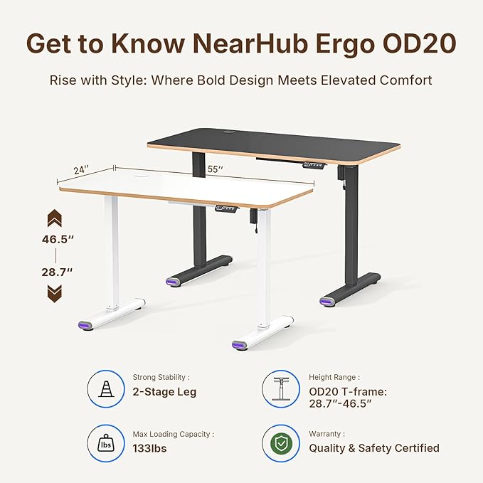 NearHub Electric Adjustable Standing Desk 55 x 24 Premium One-Piece White Top Sit Stand Desk Height Adjustment Computer Desk Ergonomic Work Desks for Home Office (OD20 White 55”×24”)