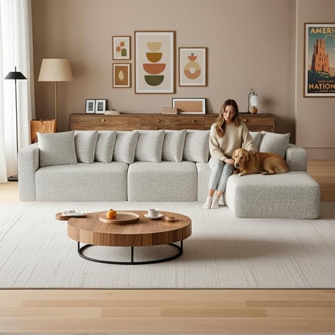 KEIKI 131.1 Curved Sectional Sofa Set Oversized Cloud Couch with 10 Pillows Deep Seat Right Facing Sofa for Living Room Guest Bedroom No Assembly Required Light Khaki