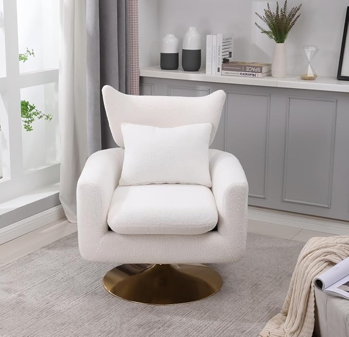 Swivel Accent Chair Armchair Classic Mid-Century 360 Degree Swivel Sofa ChairUpholstered Accent ChairTeddy Fabric Leisure Chair for Living RoomBedroom Office (White + Fabric)
