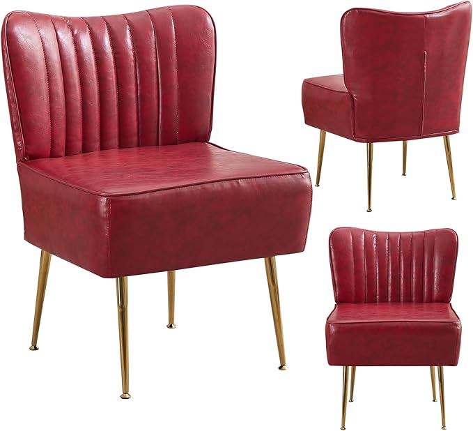 PU Leather Armless Accent Chair Set of 3Modern Comfy Living Room Slipper Chairs with Golden LegsUpholstered Single Sofa Wingback Side Corner Chair for BedroomSmall SpaceWine Red