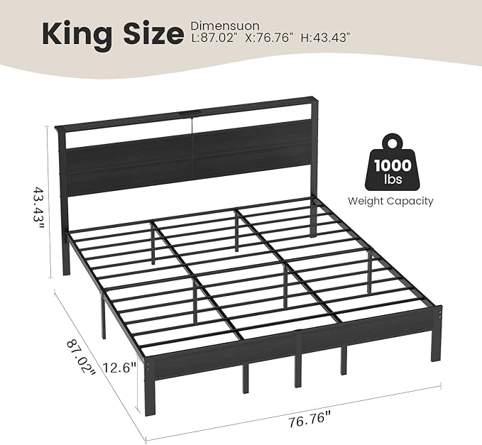 King Size Bed Frame with LED Lights &amp Charging Station Black Metal Platform Bed with Wood Headboard and Sturdy Slats No Box Spring Needed