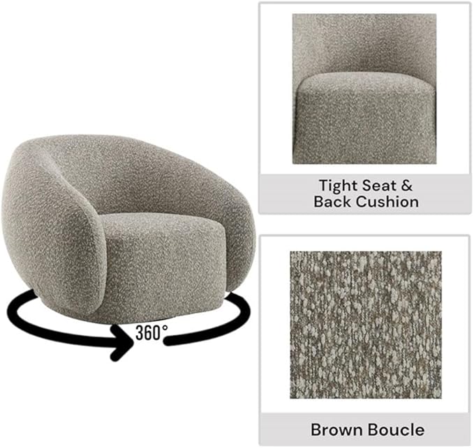 Bowery Hill Fabric Upholstered Swivel Chair 2-Tone Brown Boucle 42W x 40D x 30H Contemporary Accent Chair 360-Degree Swivel Wooden Frame Foam Cushion Modern Living Room or Bedroom Seating