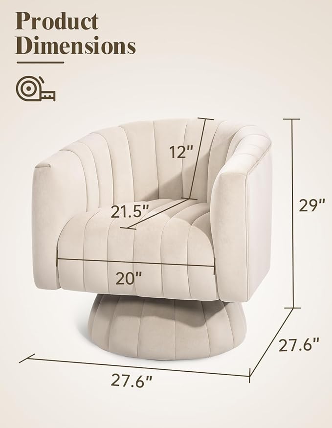 Kromax Swivel Accent Chair with Armrest Mid Century 360 Degree Swivel Barrel Chair Overstuffed Tufted Velvet Ideal for Living Room Bedroom Reading Room Beige