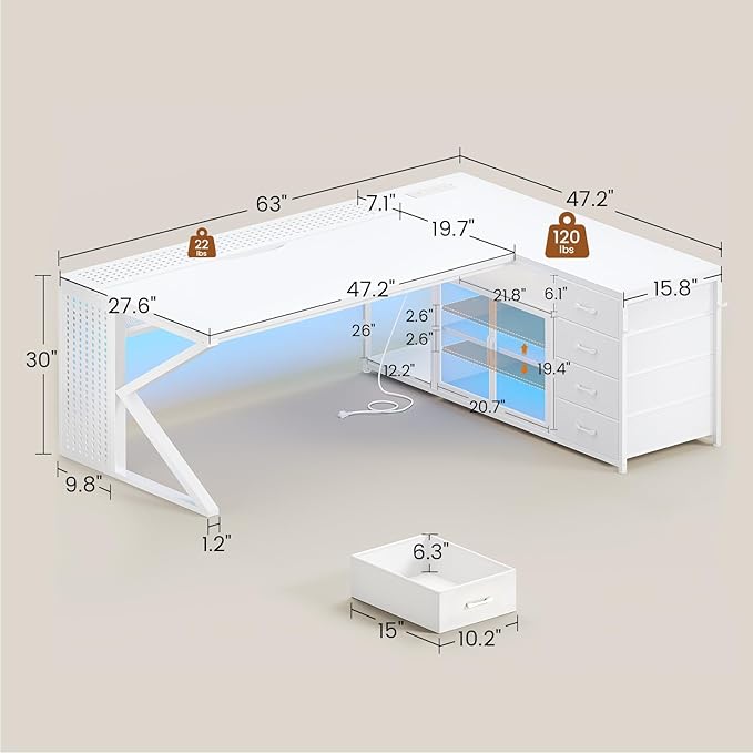 SEDETA L Shaped Gaming Desk 63 Lx27.6 W Computer Desk with 4 Drawers &amp Display Cabinet Executive Office Desk with Storage Shelves &amp LED Light for Home Office White