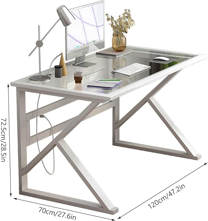 Modern Home Office Desk Tempered Glass Desk with Metal Frame and Clear Glass Tabletop Small Computer Desk for Home Office(47 Inch White)