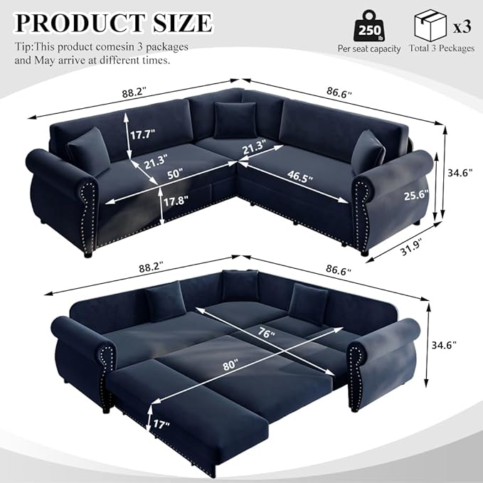 88.2 Sleeper Sofa Bed Sectional Couches for Living Room/Apartment Chenille L Shaped Couch with Pull Out Couch Bed Convertible Sectional Sofa with Rolled Arm &amp Nailhead Trim Blue