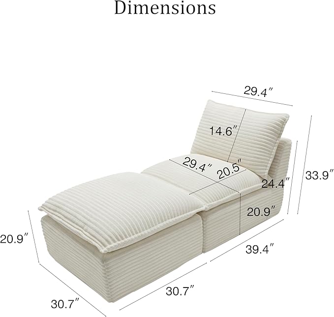 DEINPPA Modular Couch with Ottoman 2 Seat Cloud Sofa for Living Room Apartment Corduroy Upholstered Comfy Couch-White