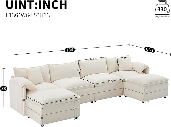 136 Chenille U-Shaped Modular Sectional Sofa with Deep and Wide SeatCloud Couch Set with Double Cushions6 Seat Sofa with Movable Ottomanfor Living Room Apartment Office (Cream#h)