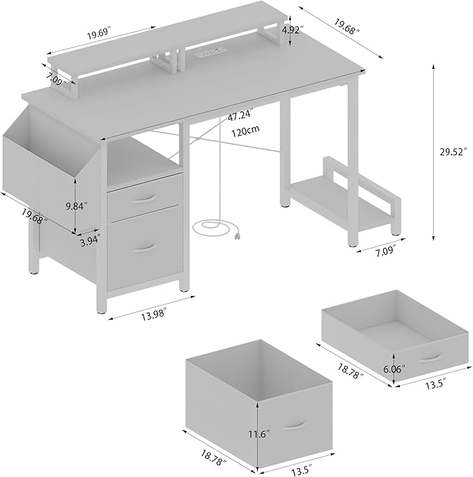 47'' Ergonomic Computer Desk with Dual Monitor Stands 2 Drawers &amp Built-in Power Outlets | Side Pocket | Reversible Cabinet | Adjustable Feet | Workstation for Home Office/Gaming/Study (White)
