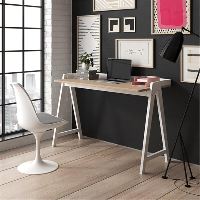 Pemberly Row Mid-Century Contemporary Desk 47.25 W x 21 D x 31.5 H Natural Finish Solid Wood Sawhorse Base Space-Saving Design Modern Home Office Desk Easy Assembly
