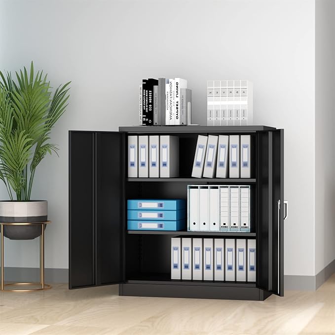 GLigeT Filing Cabinet Black Metal Filing Cabinet Storage Cabinet with 2 Doors and 2 Shelves Lockable Steel Storage Cabinet for Office File Storage Cabinets
