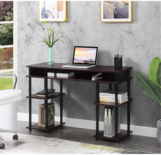 Pemberly Row No-Tools Student Desk 47.25 in x 15.75 in x 30 in Espresso Wood Finish Particleboard Shelves Stainless Steel Legs Easy Assembly Modern Style for Home Office or Dorm Use
