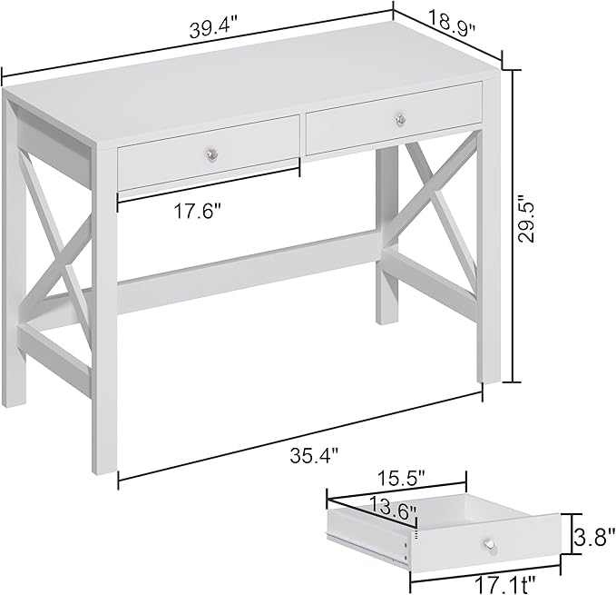 ChooChoo Computer Desk Study for Home Office Modern Simple 40 Inches Desk with Drawers Makeup Vanity Console Table White
