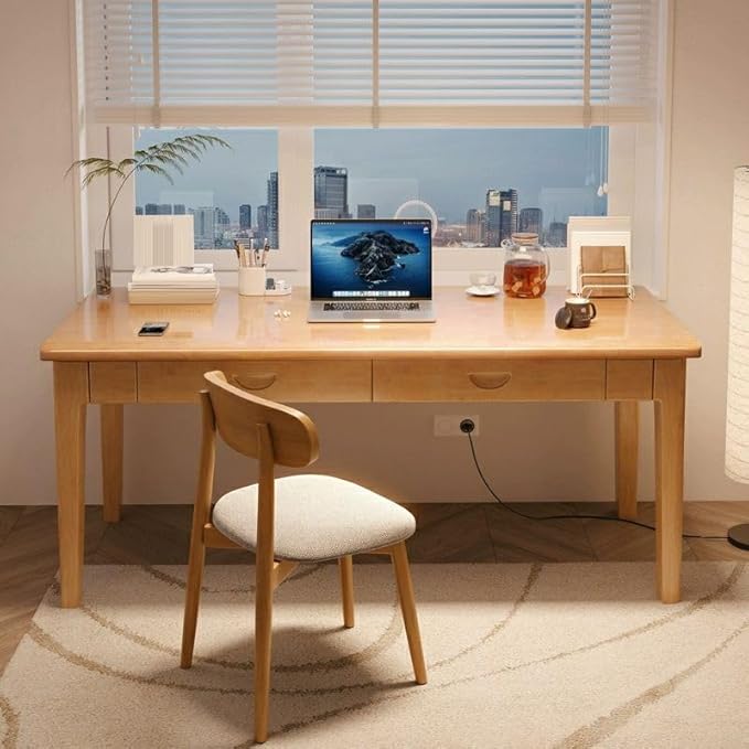 RUNNUP Modern Wood Writing Desk with 2 Drawers 47 Home Office Desk Simple Study Desk for Small Spaces Without Chairs Natural