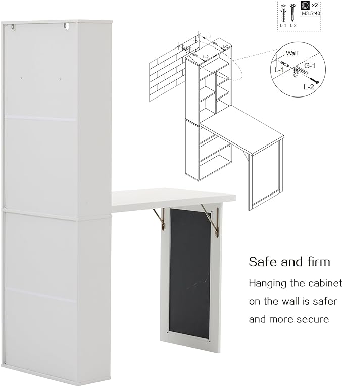 Folding Desk with StorageFoldable Convertible Writing table with Blackboard and ShelvesWall Mount Fold Out Table Cabinet  Space-Saving Murphy Desk Multi-Function Home Office Workstation (White)