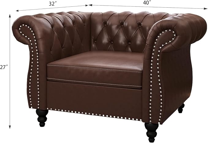 Living Room Chair Modern Leather Chesterfield Sofa Chair Mid Century Single Sofa Couch Chair with Tufted Back and Rolled Arms Accent Sofa Chair for Living Room Apartment Brown