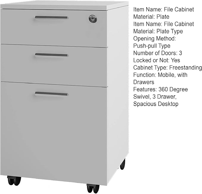 File Cabinet360 Degree Casters Large Capacity Spacious Desktop Heightening3 Drawer Office Bookcase with Lock