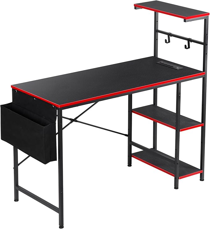 Computer Desk 44 Inch Electric Standing Desk Led Gaming Table with Power Outlets Hooks and Storage Bag 4 Tiers Reversible Shelve Writing Work Study for Student Teacher Office Home