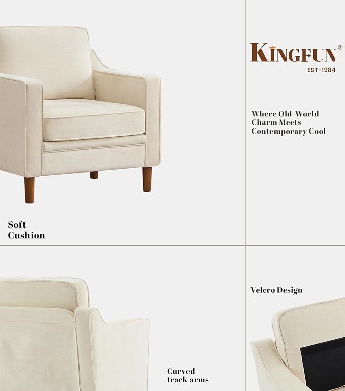 Kingfun Accent Chair Living Room Chairs Mid Century Reading Armchair Chenille with Solid Wood Foot Upholstered Modern Decor for Bedroom Apartment Beige