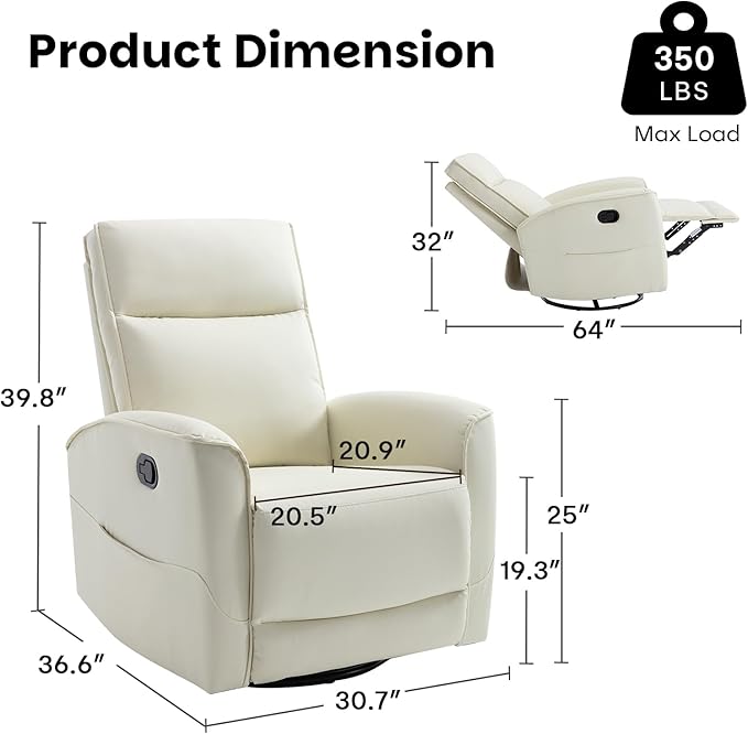 CANMOV Rocker Recliner Chair360°Swivel Nursery Glider ReclinerManual Recliner Sofa with Padded Armrest and BackrestLeather Recliner for Small SpacesLiving RoomBedroom (White)