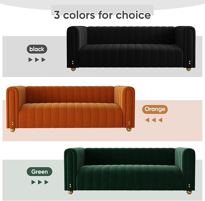 Emerald Green Velvet Couch 80 Inch Wide Mid-Century Modern Sofa Velvet Tufted Upholstered Velvet Sofa Love Seats Sofa with Golden Leg 3 Seat Sofa Big Comfy Couch Sofas for Livingroom (BlackA)