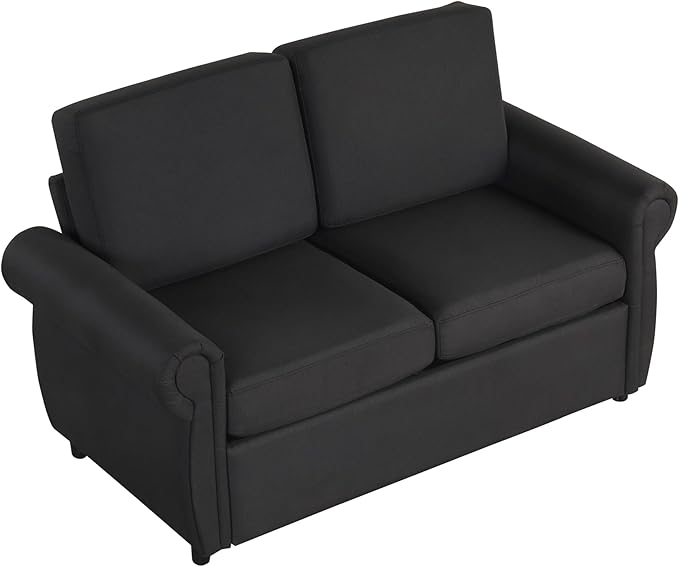 Merax 57.9 Loveseat Sofa Couch with Pull Out Bed 3 in 1 Convertible Line Fabric Sleeper Sofa Bed with 2 USB Ports and Twin Size Memory Mattress for Apartment Office Living Room (Black)