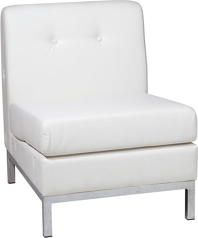 OSP Home Furnishings Wall Street Faux Leather Armless Chair with Box-Spring Cushion Button Tufted Back and Chrome Finish Base White