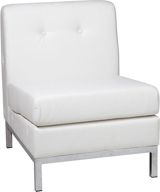 OSP Home Furnishings Wall Street Faux Leather Armless Chair with Box-Spring Cushion Button Tufted Back and Chrome Finish Base White