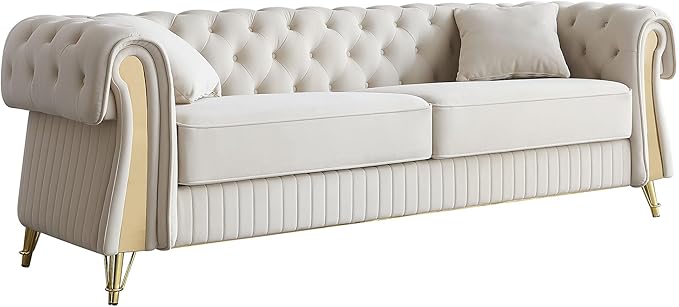 89 Sofa Couch Tufted Velvet Chesterfield Sofa Modern 3 Seat Sectional Couch with 2 Toss Pillows for Living Room Beige