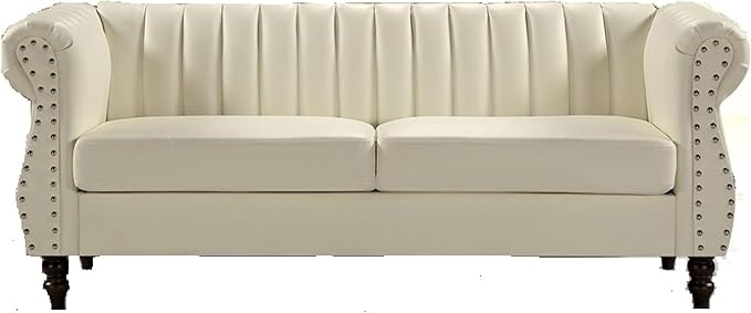 Chesterfield-Inspired 77 Faux Leather Sofa with Elegant Design Gourd Legs and Sustainable Pleather Upholstery 3 Seater Couch for Living Rooms and Offices Cream White