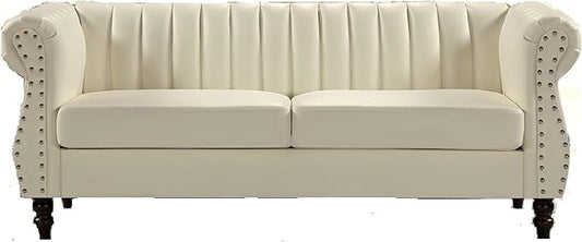 Chesterfield-Inspired 77 Faux Leather Sofa with Elegant Design Gourd Legs and Sustainable Pleather Upholstery 3 Seater Couch for Living Rooms and Offices Cream White