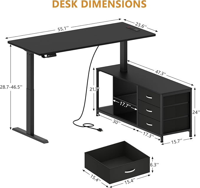 L Shaped Electric Standing Desk with Drawers &amp Shelves Height Adjustable Corner Computer Desk with Power Outlets 55 Inch Sit Stand Executive Desk with Storage for Home Office Black