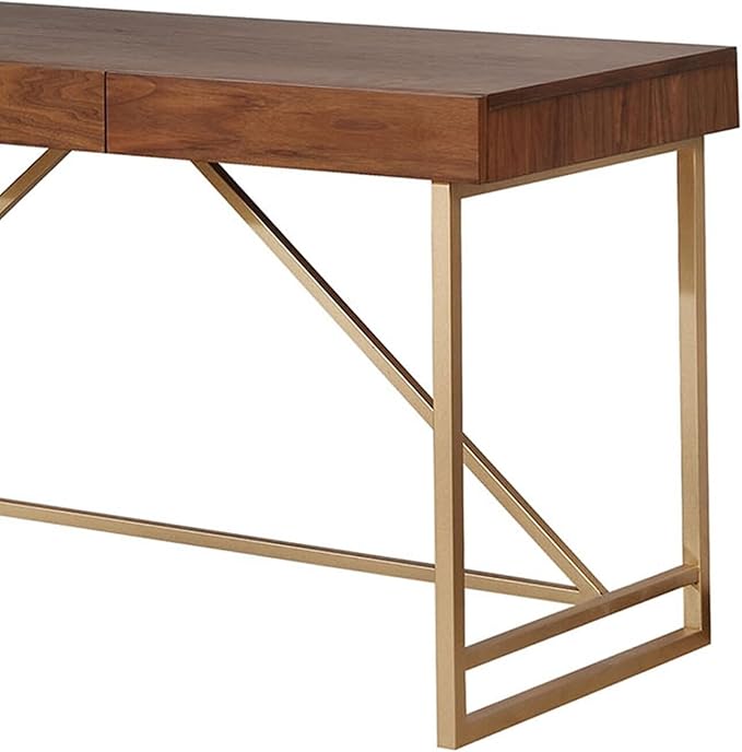 Maykoosh Modern Writing Desk with Drawers - Rustic Wooden Desk Stylish Home Office Furniture Walnut Brown &amp Gold Finish