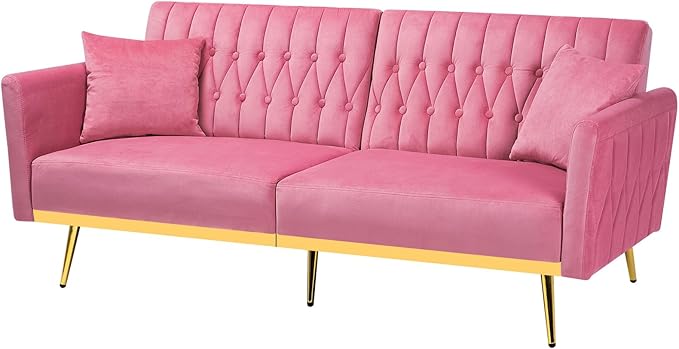 70” Velvet Futon Sofa Bed with 2 Pillows and Adjustable Armrests Convertible Sleeper Bed Modern Loveseat for Living Room Bedroom Pink
