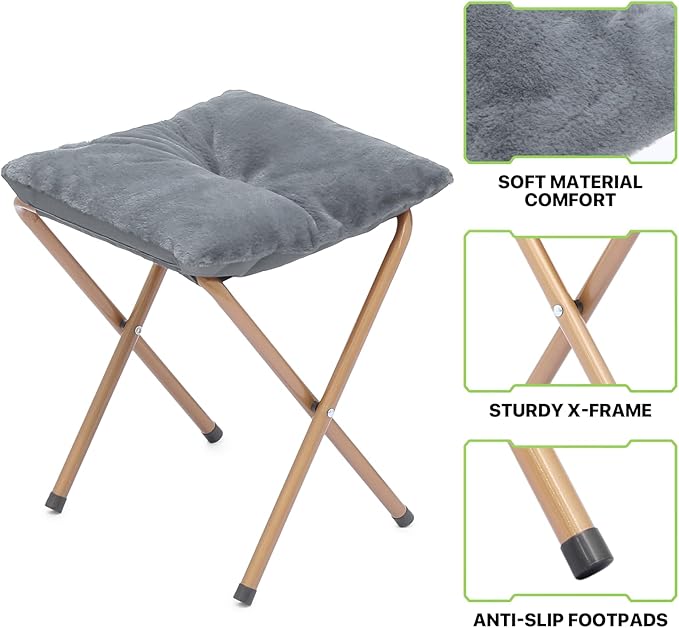 Magshion Folding Saucer Chair for Adults with Ottoman Circle Reading Chair for Bedroom Living Room &amp Dorm Furry Comfy Accent Seat with Metal Leg &amp Thick Padded for Small Spaces (Grey 2 Pac