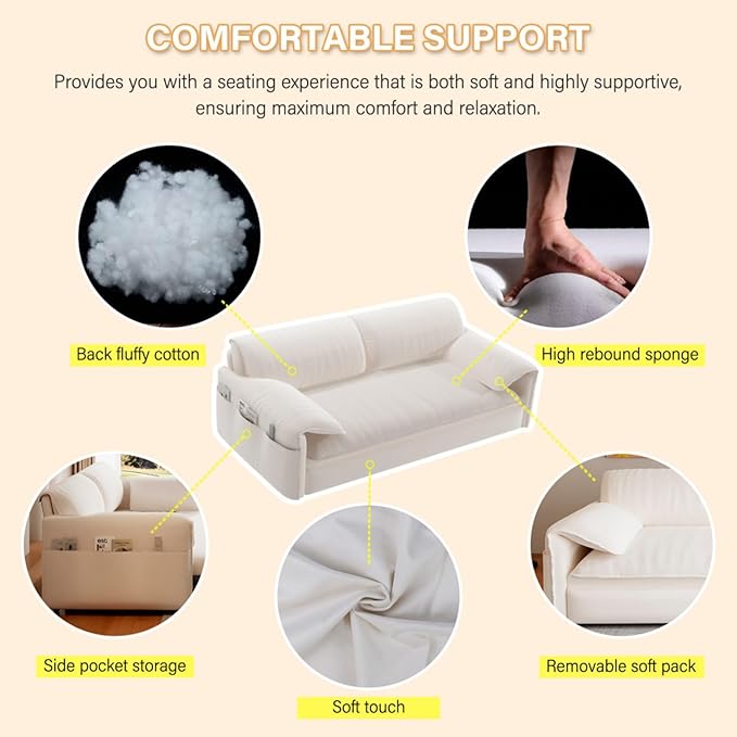 66 Queen Loveseat Pull Out Couch with Side Storage 3-in-1 Convertible Sleeper Bed Lounge Velvet Love Seat Sofa Bed for Livingroom Apartment Bedroom Office Space Saving Beige