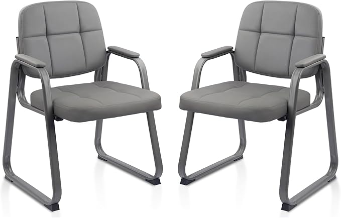 CLATINA Leather Guest Chairs Set of 2 Office Reception with Padded Arms Desk Chair with Sled Base for Office Conference Waiting Room Grey