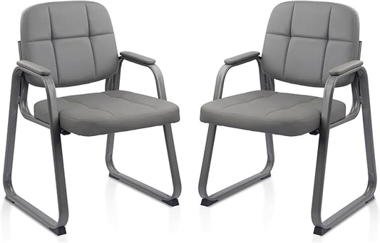 CLATINA Leather Guest Chairs Set of 2 Office Reception with Padded Arms Desk Chair with Sled Base for Office Conference Waiting Room Grey