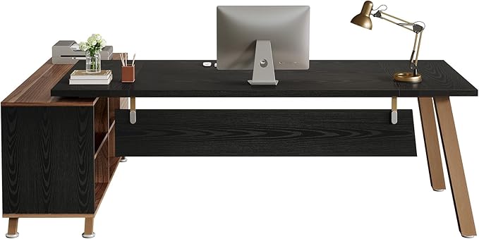 Tribesigns 78.7 L-Shaped Executive Desk Modern Office Desk with File Drawers &amp Storage Shelves Large Computer Desk with 55-Inch Cabinet Business Workstation for Home Office Black &amp Walnut
