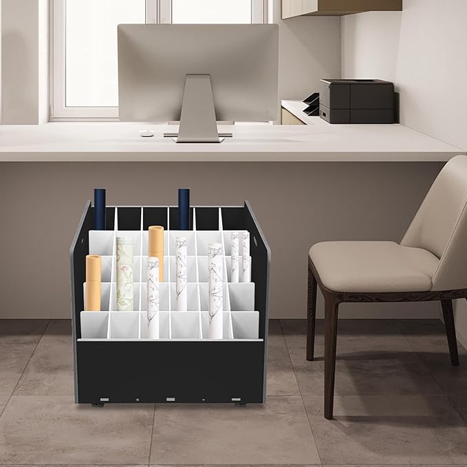 Mobile Roll File Storage Organizer with Wheels 30 Slots Black Mobile Files Storage Cabinet Construction Plan Holders Roll Files Storage for Office School (30 Slots Black)